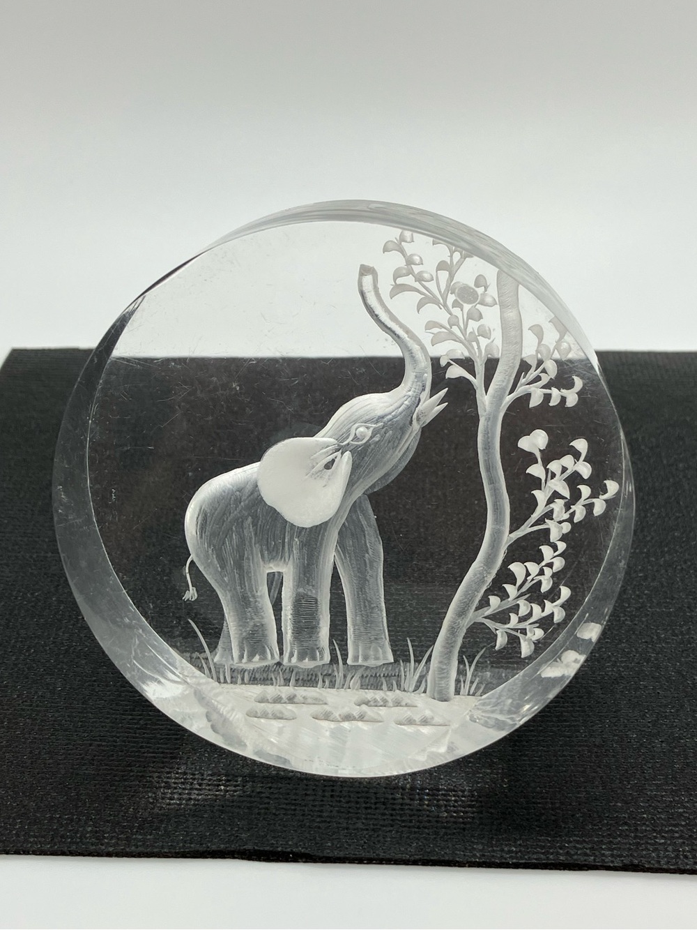 ⁠Vtg Reverse Carved Lucite Elephant Mini Plaque Display Good Luck 3D Intaglio